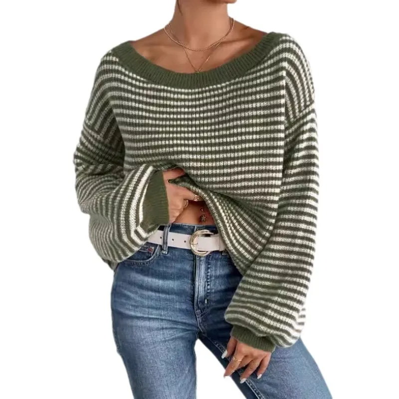 Striped Off Shoulder Knit Sweater with Voluminous Sleeves