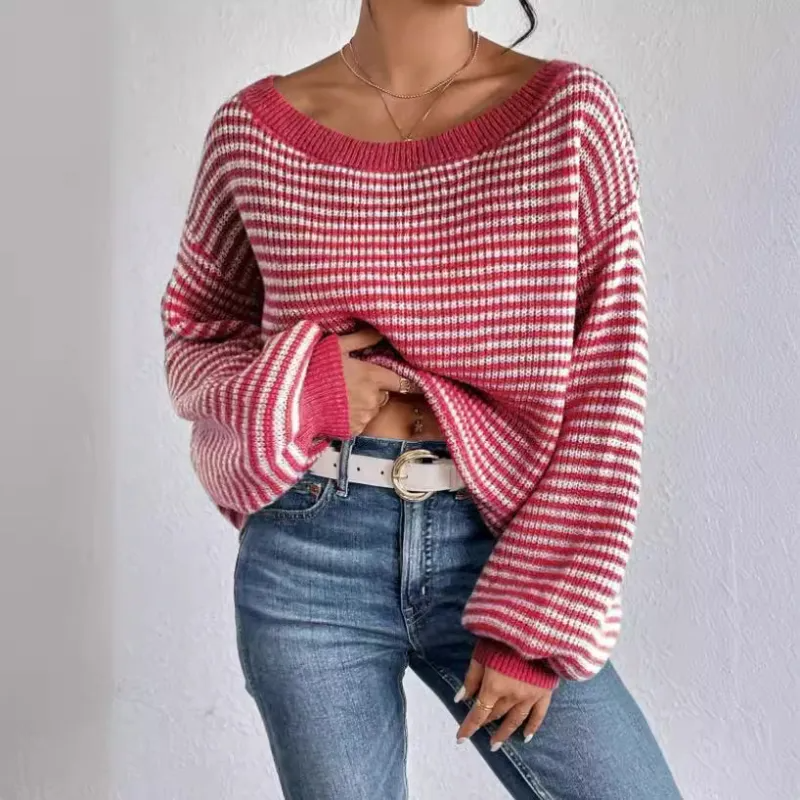 Striped Off Shoulder Knit Sweater with Voluminous Sleeves