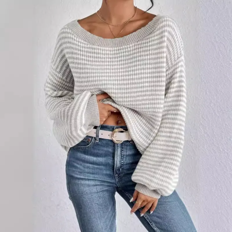 Striped Off Shoulder Knit Sweater with Voluminous Sleeves