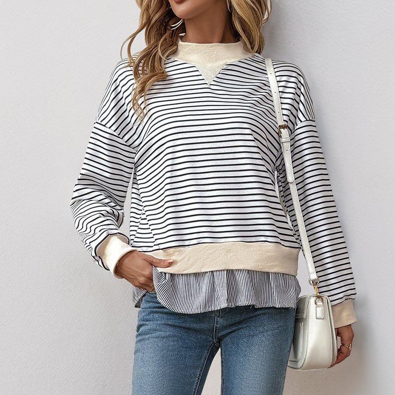 Striped Sweatshirt with Layered Shirt Hem and Mock Neck