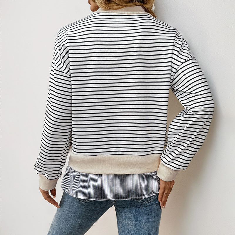 Striped Sweatshirt with Layered Shirt Hem and Mock Neck