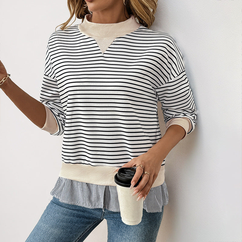 Striped Sweatshirt with Mock Neck and Ruffle Hem