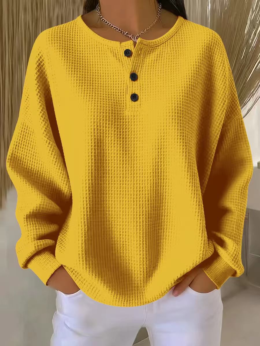 Waffle Knit Sweatshirt with Henley Neckline and Drop Shoulders