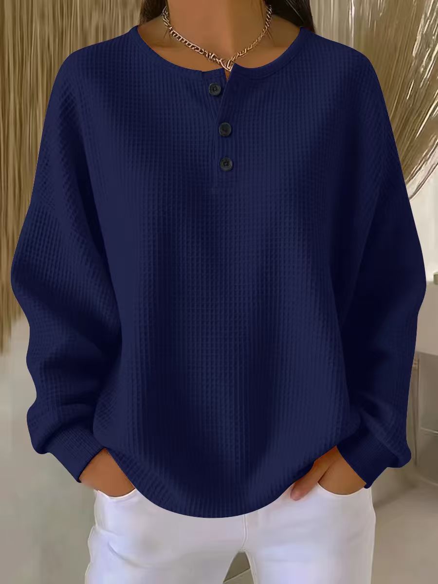 Waffle Knit Sweatshirt with Henley Neckline and Drop Shoulders