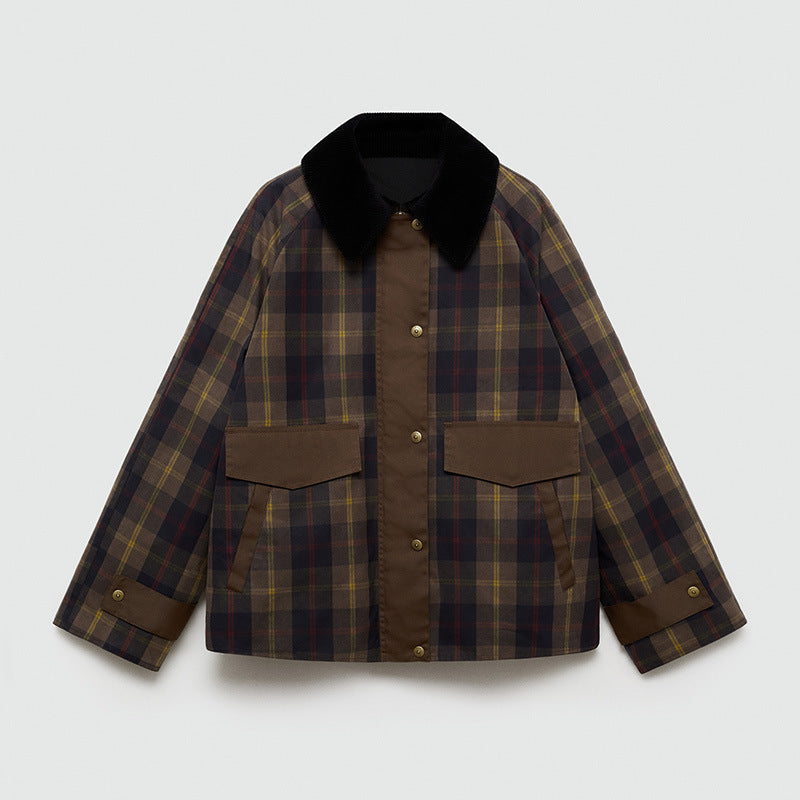 Warm Checked Jacket for Women with Soft Faux Fur Collar