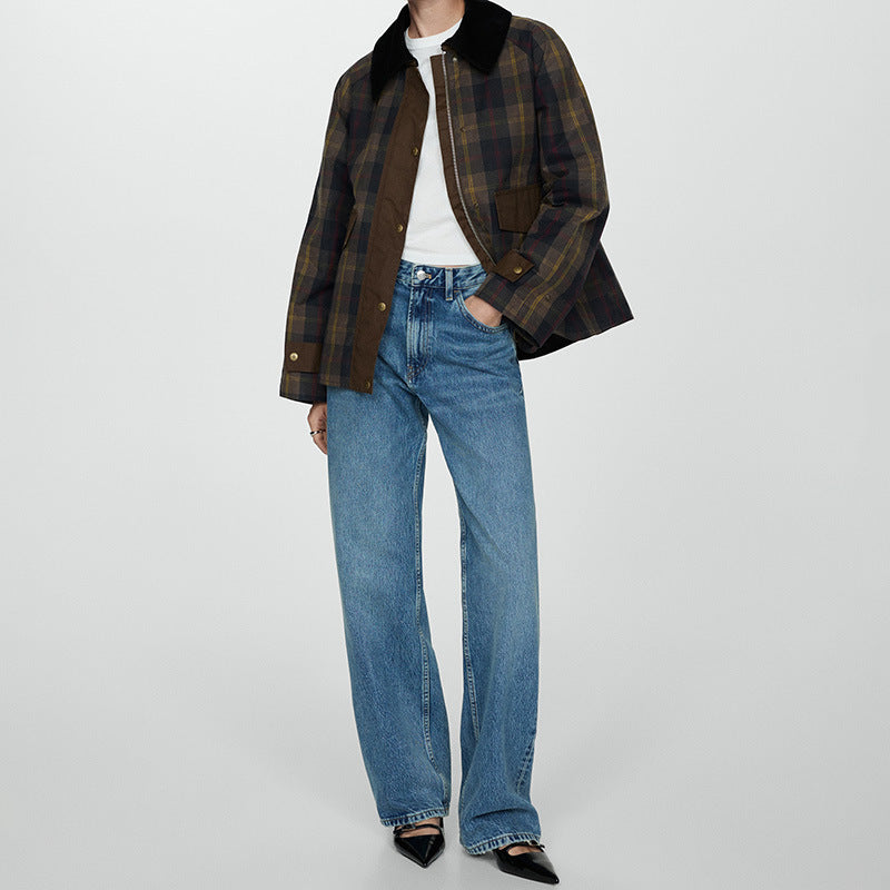 Warm Checked Jacket for Women with Soft Faux Fur Collar