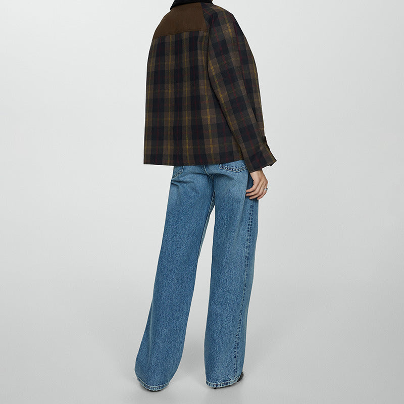 Warm Checked Jacket for Women with Soft Faux Fur Collar