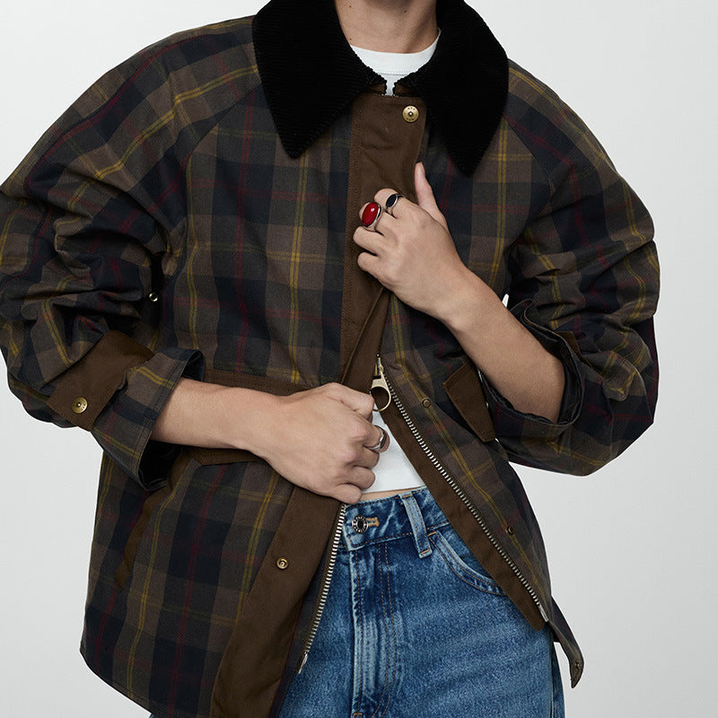 Warm Checked Jacket for Women with Soft Faux Fur Collar