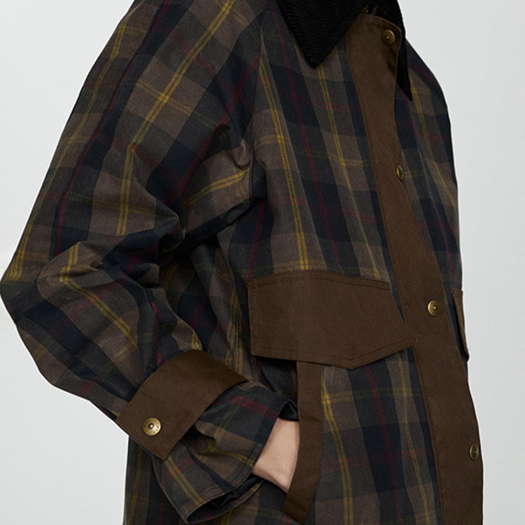 Warm Checked Jacket for Women with Soft Faux Fur Collar