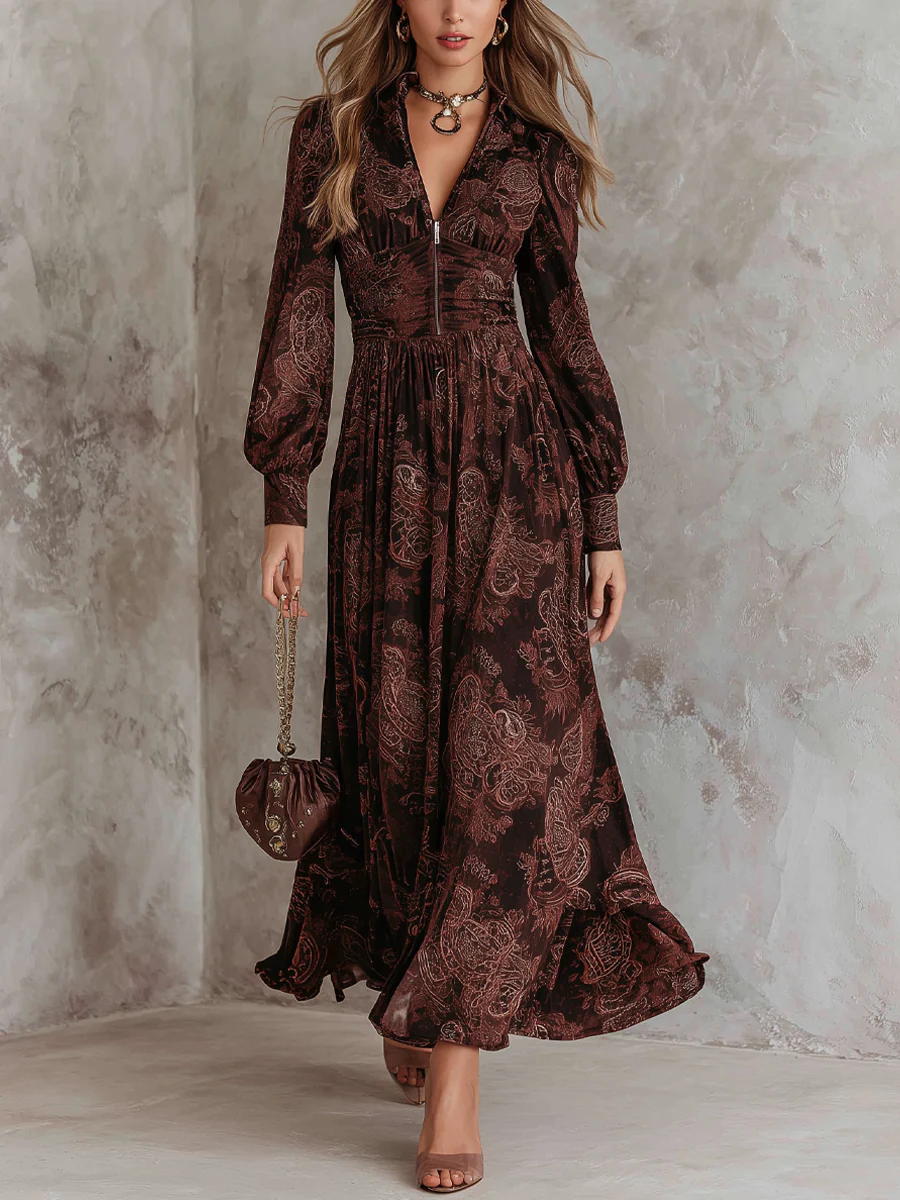 Lunori™ Marlene | Midi Paisley Dress with Zip at the Neck