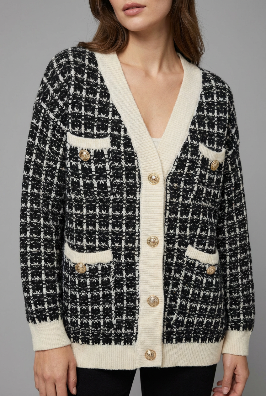 Women's Elegant Tweed-Style Knit Cardigan