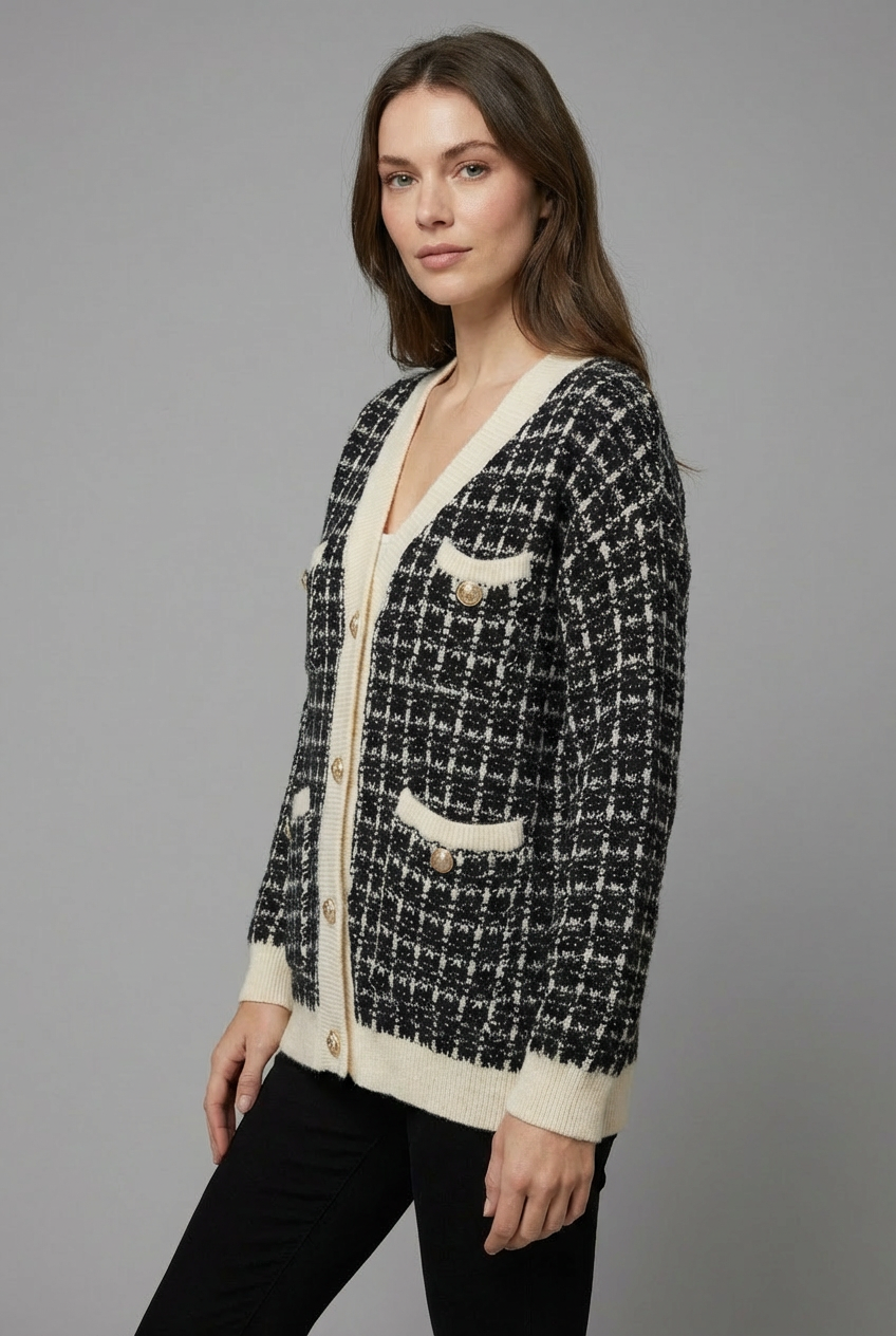 Women's Elegant Tweed-Style Knit Cardigan