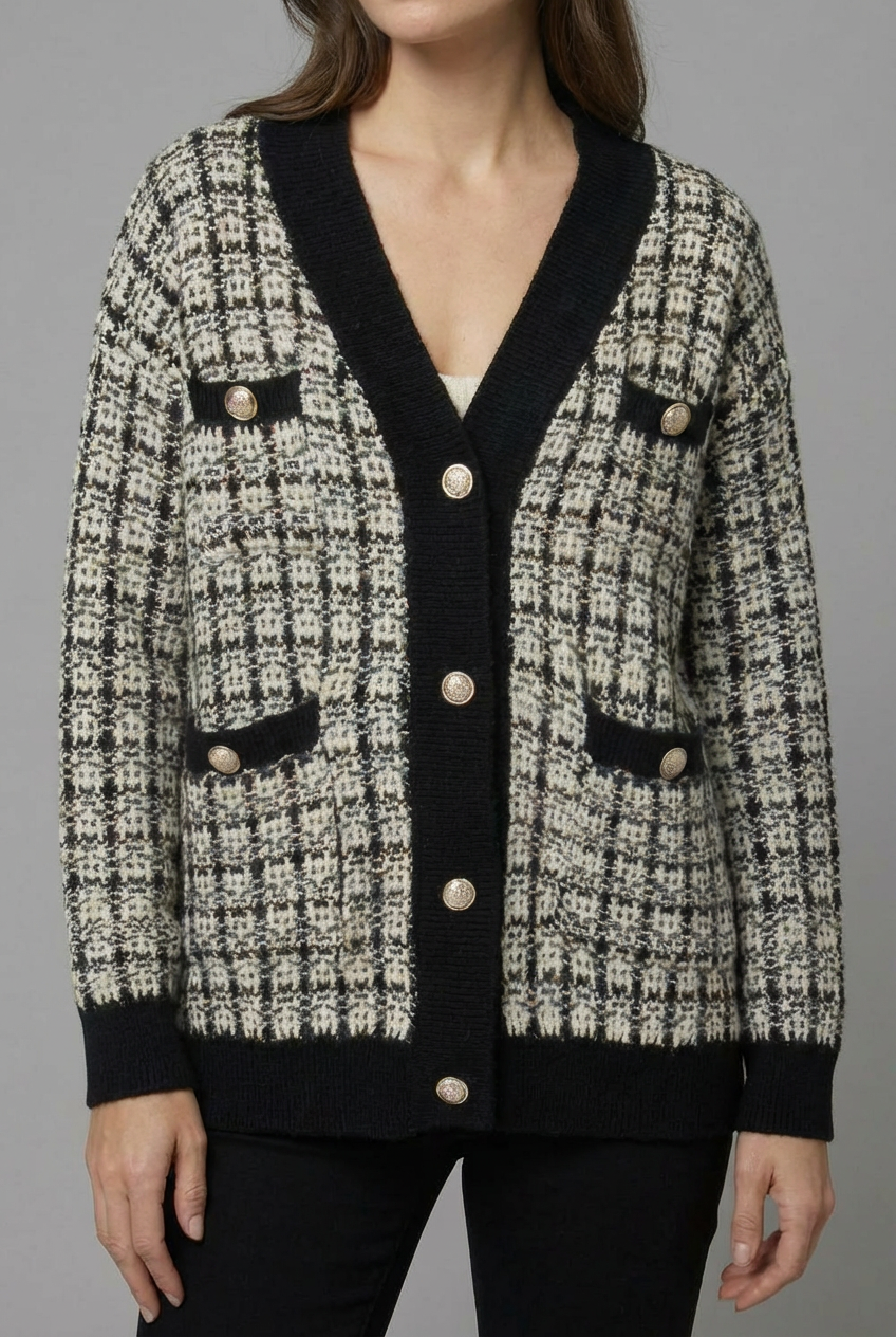 Women's Elegant Tweed-Style Knit Cardigan