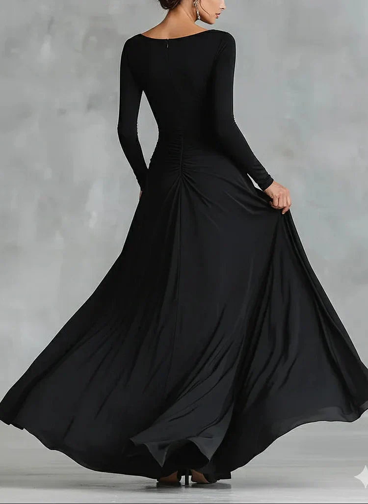 Modern long black crepe dress with pleated boat neckline