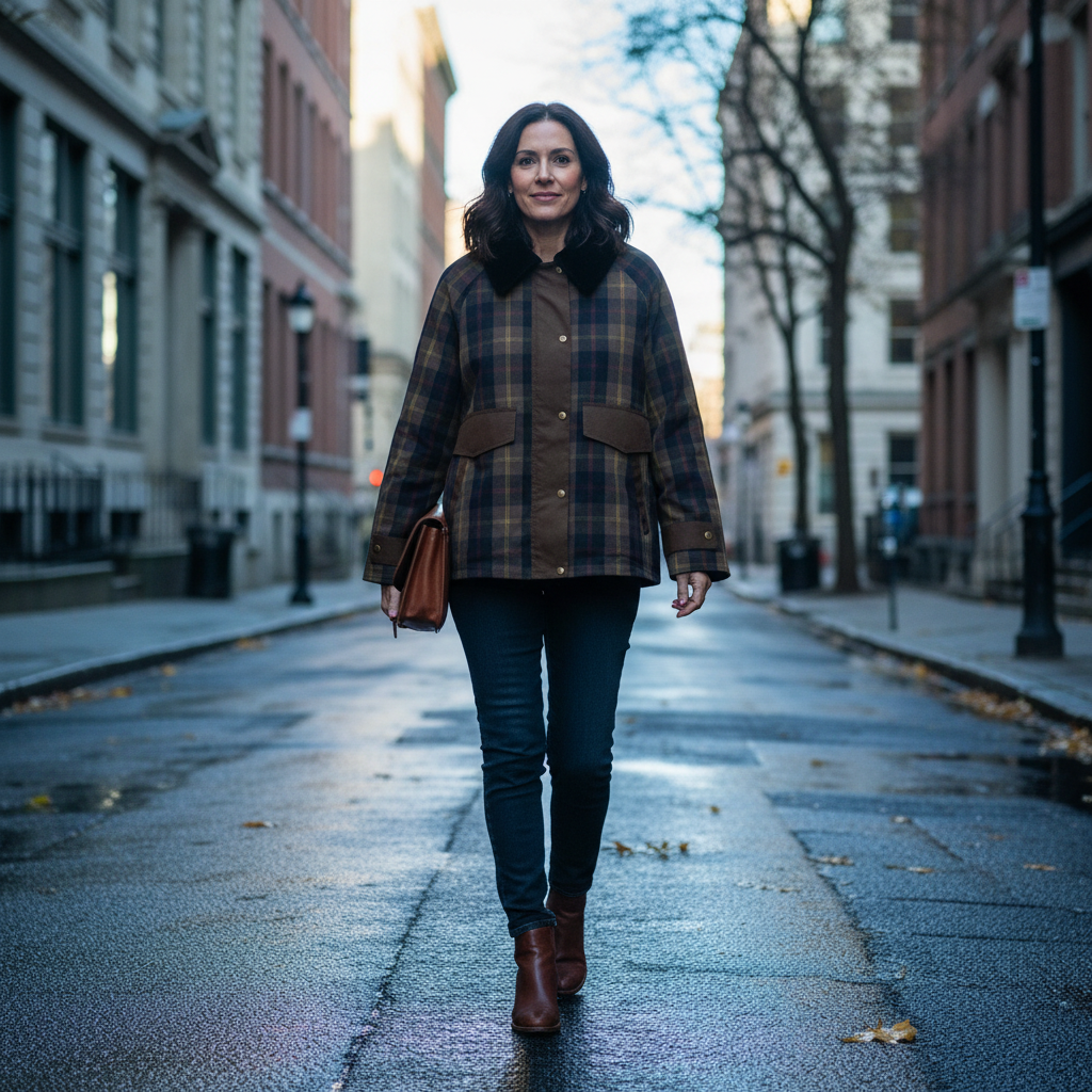 Warm Checked Jacket for Women with Soft Faux Fur Collar