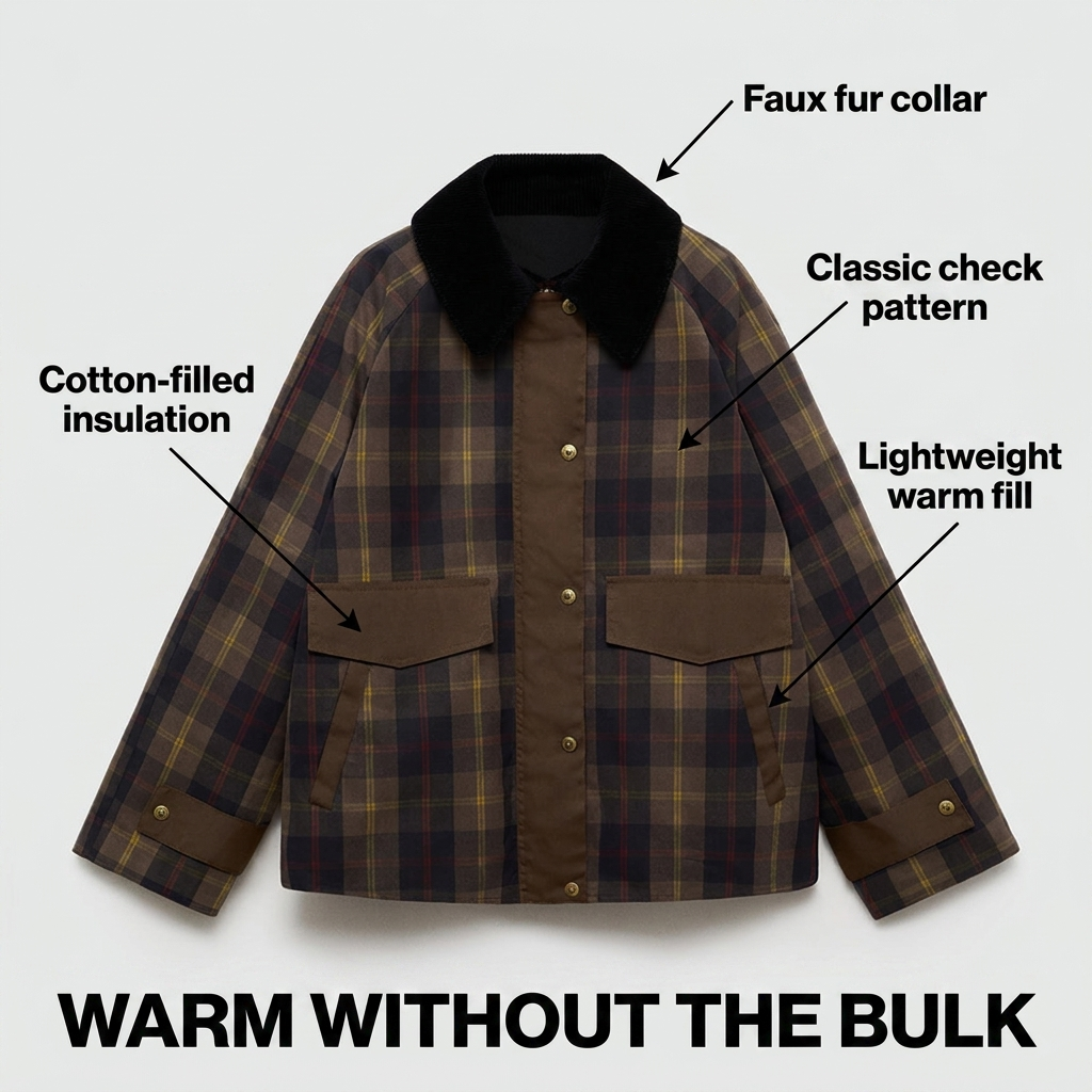Warm Checked Jacket for Women with Soft Faux Fur Collar