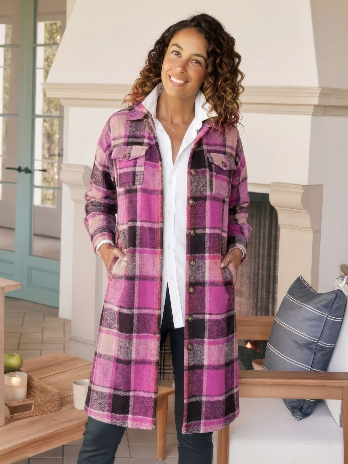 Oversized Long Plaid Shirt Jacket