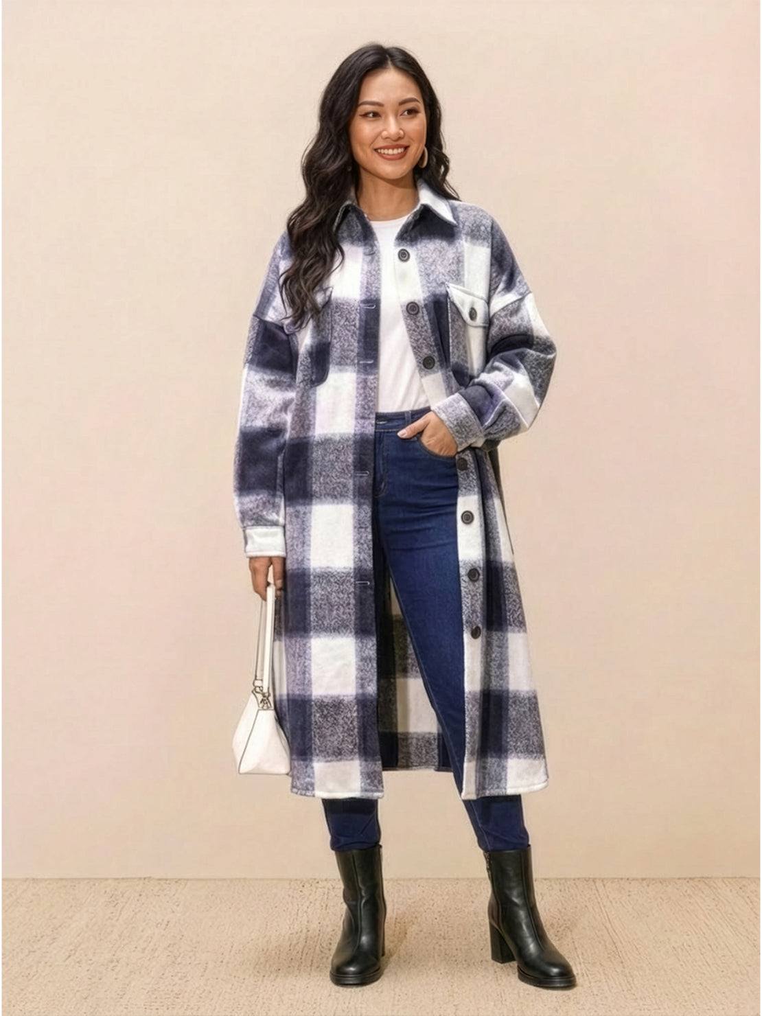 Oversized Long Plaid Shirt Jacket