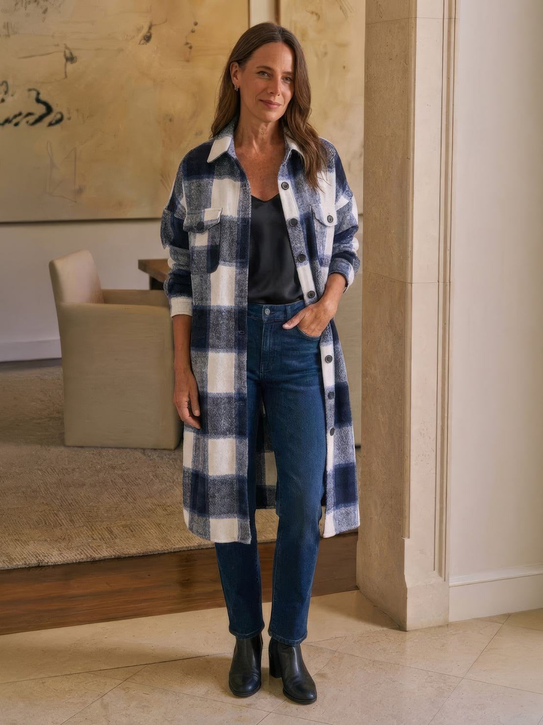 Oversized Long Plaid Shirt Jacket
