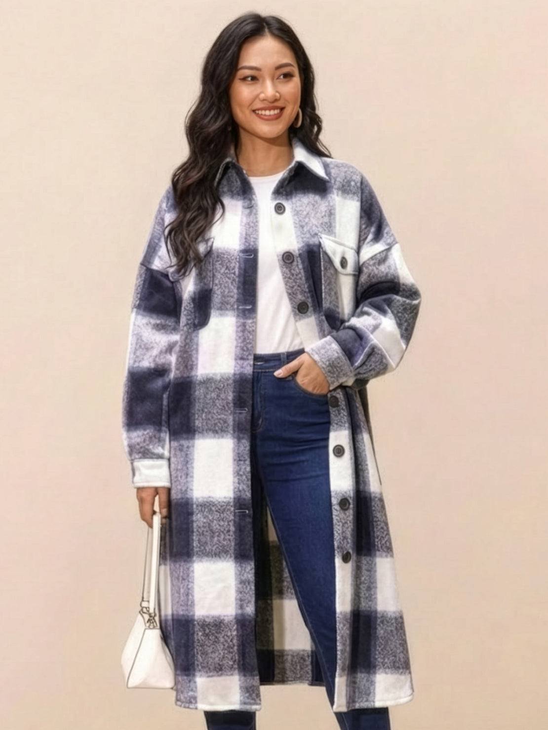 Oversized Long Plaid Shirt Jacket