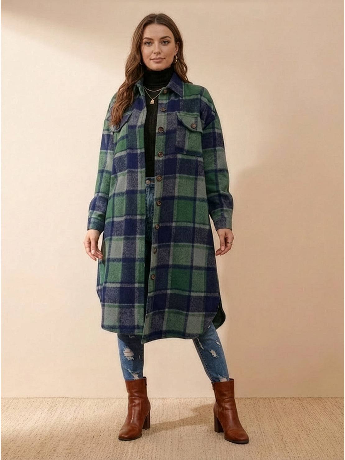Oversized Long Plaid Shirt Jacket