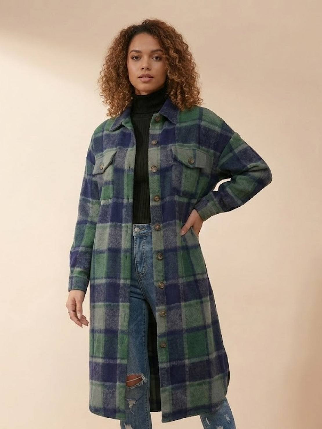 Oversized Long Plaid Shirt Jacket