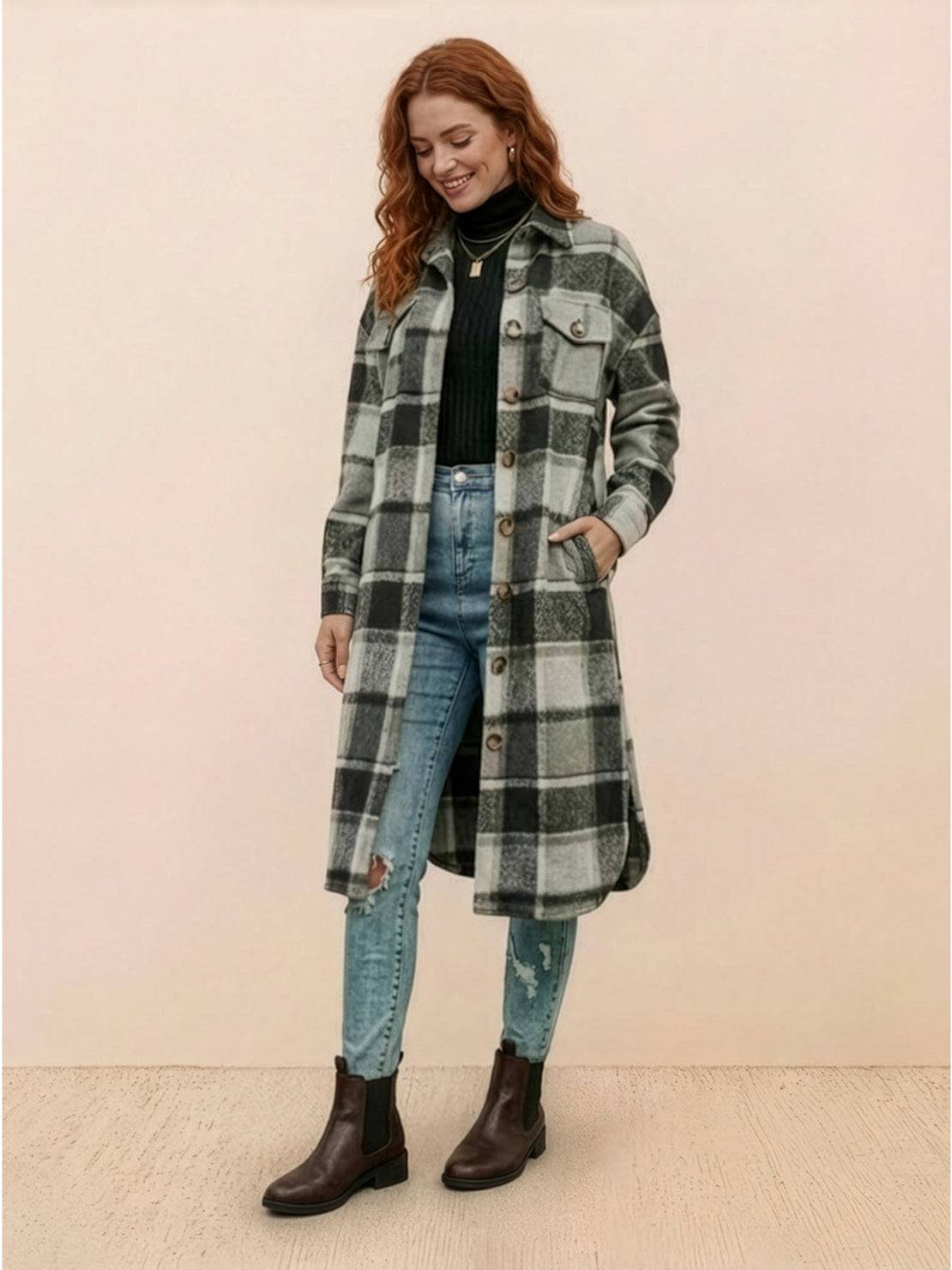Oversized Long Plaid Shirt Jacket