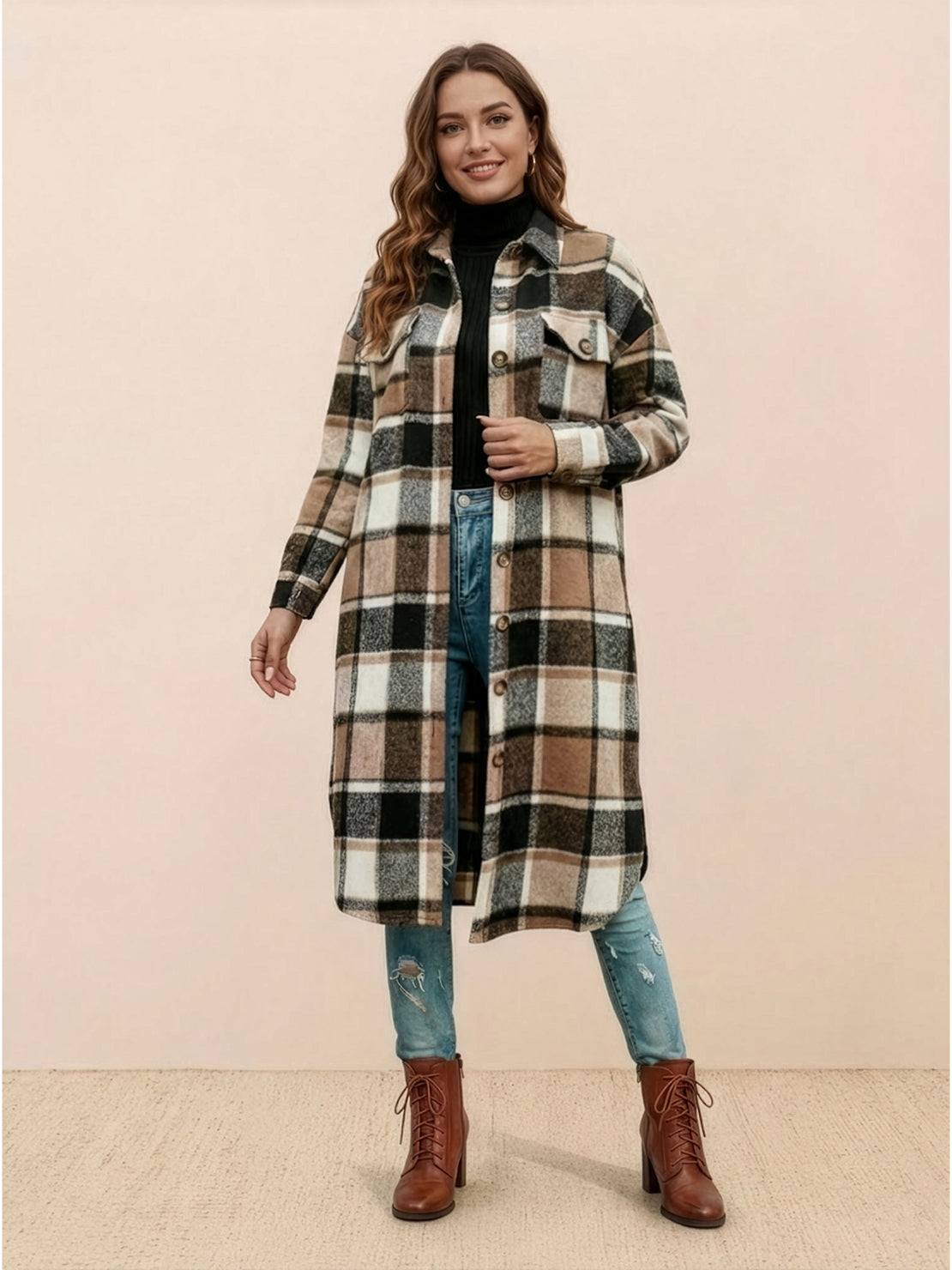 Oversized Long Plaid Shirt Jacket