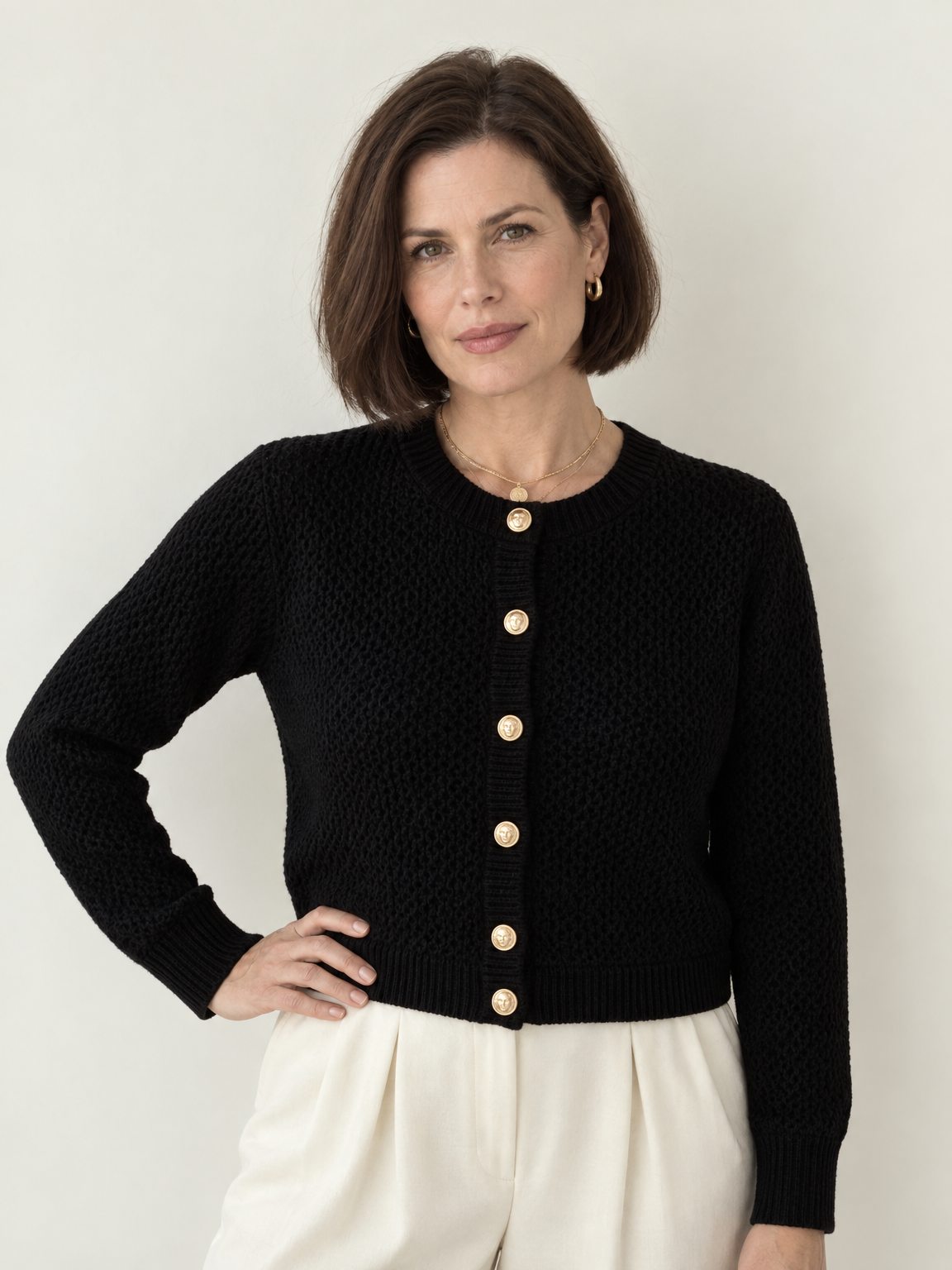 Gold Button Cropped Knit Cardigan