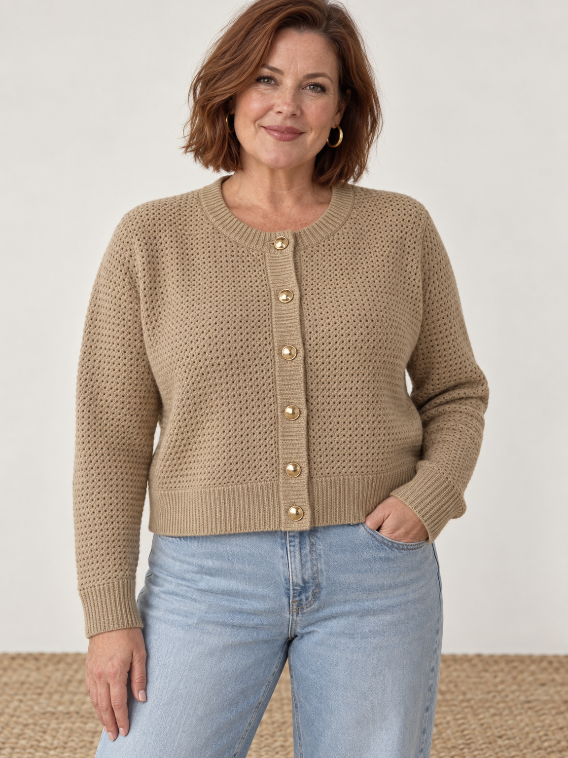 Gold Button Cropped Knit Cardigan