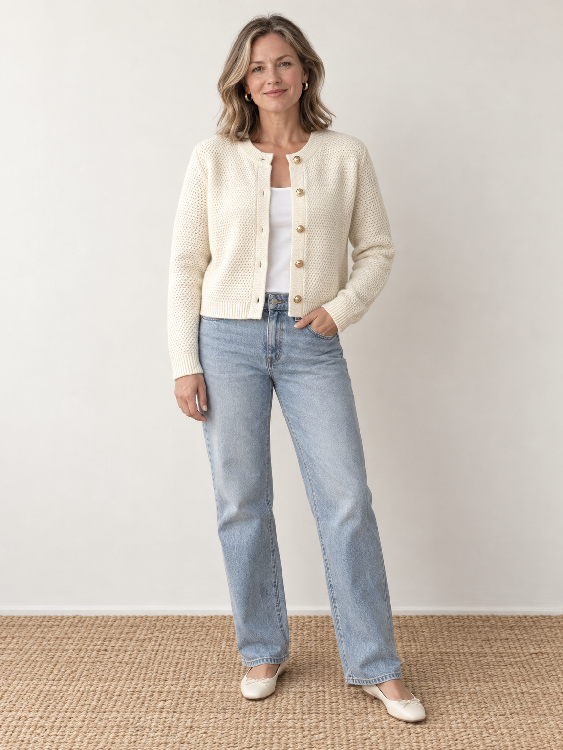 Gold Button Cropped Knit Cardigan