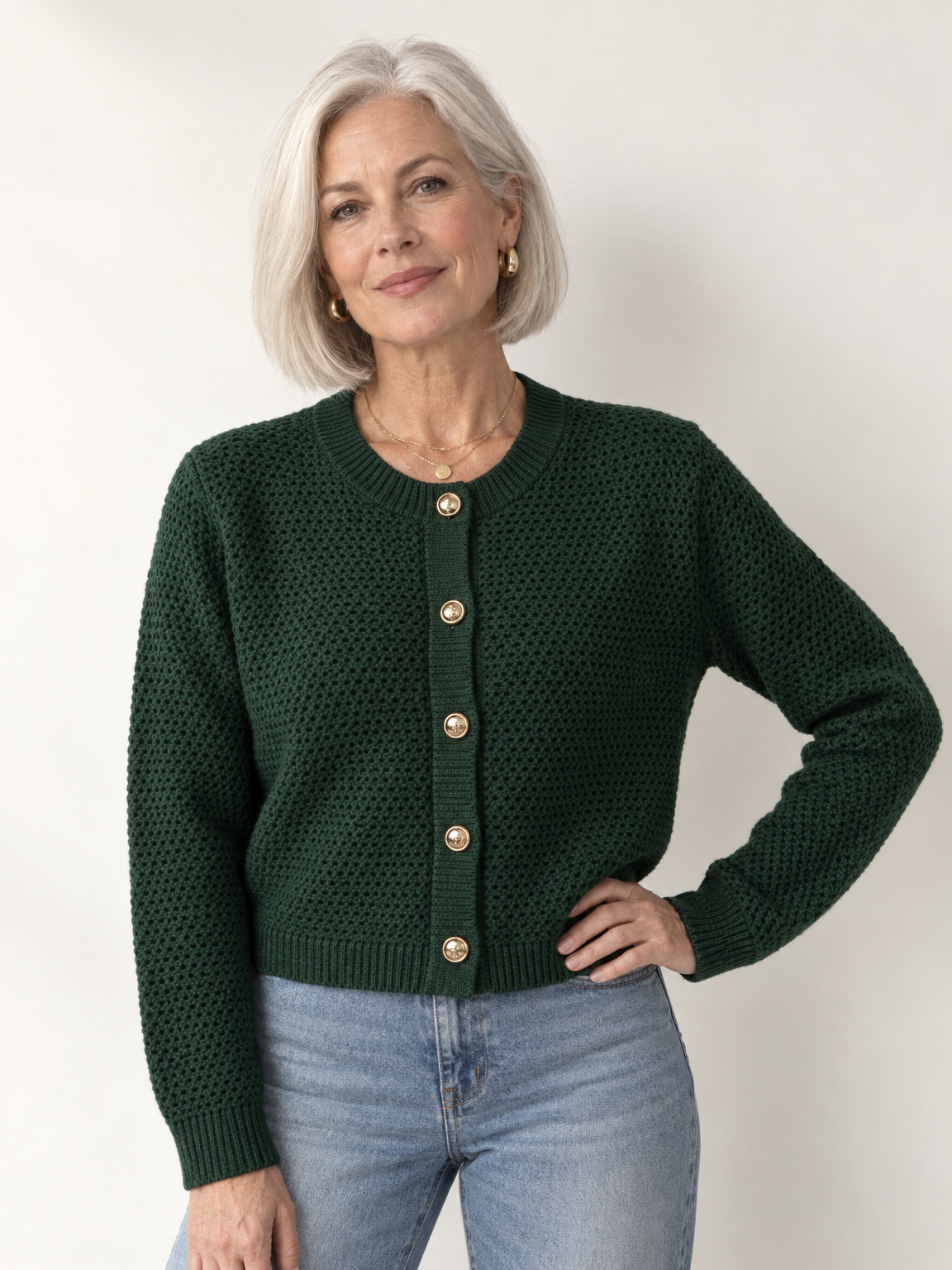 Gold Button Cropped Knit Cardigan