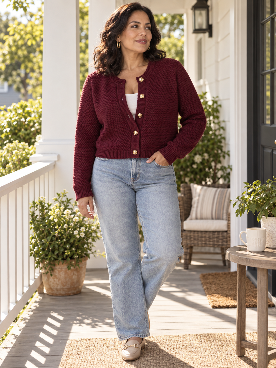 Gold Button Cropped Knit Cardigan