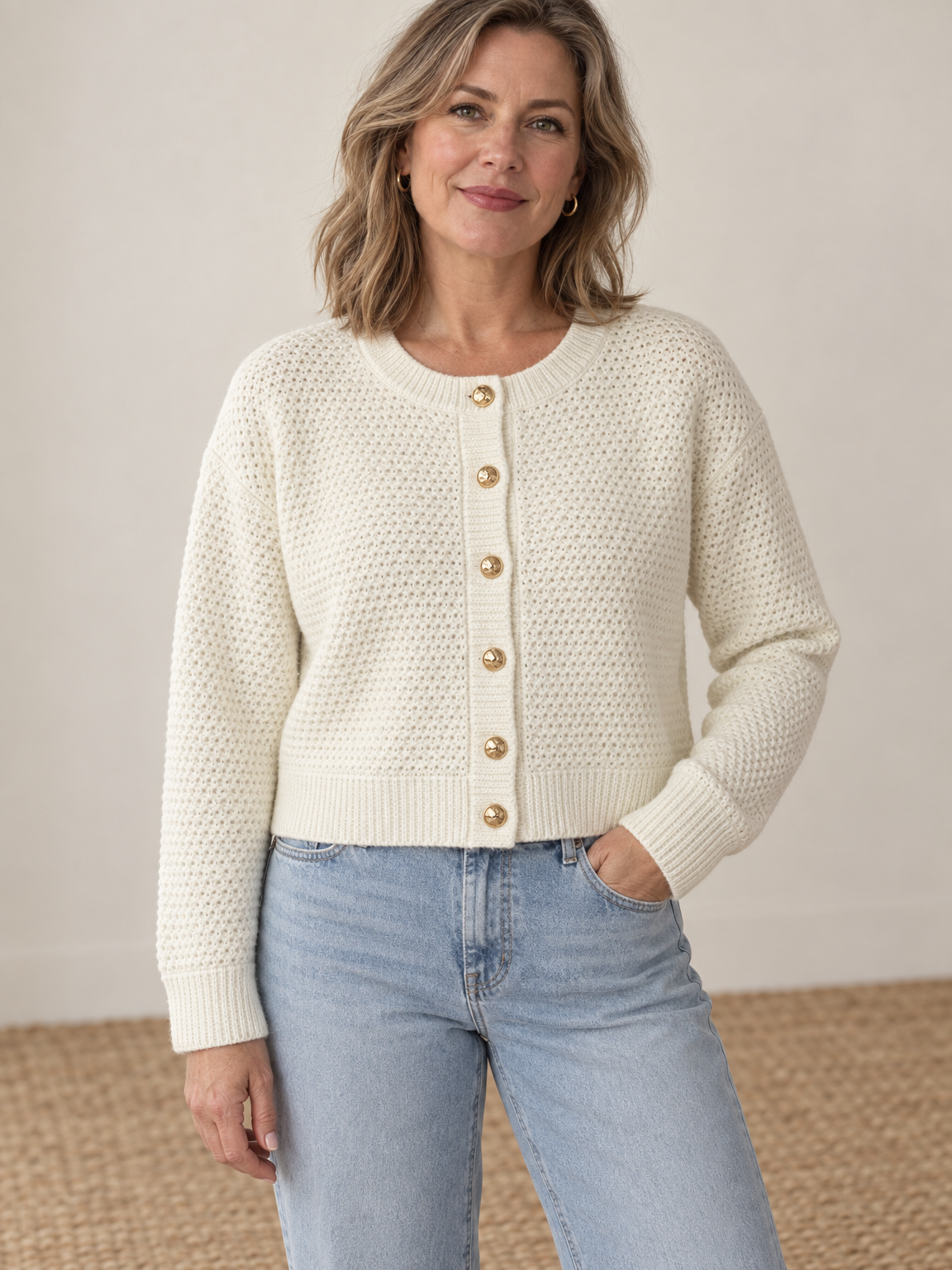 Gold Button Cropped Knit Cardigan