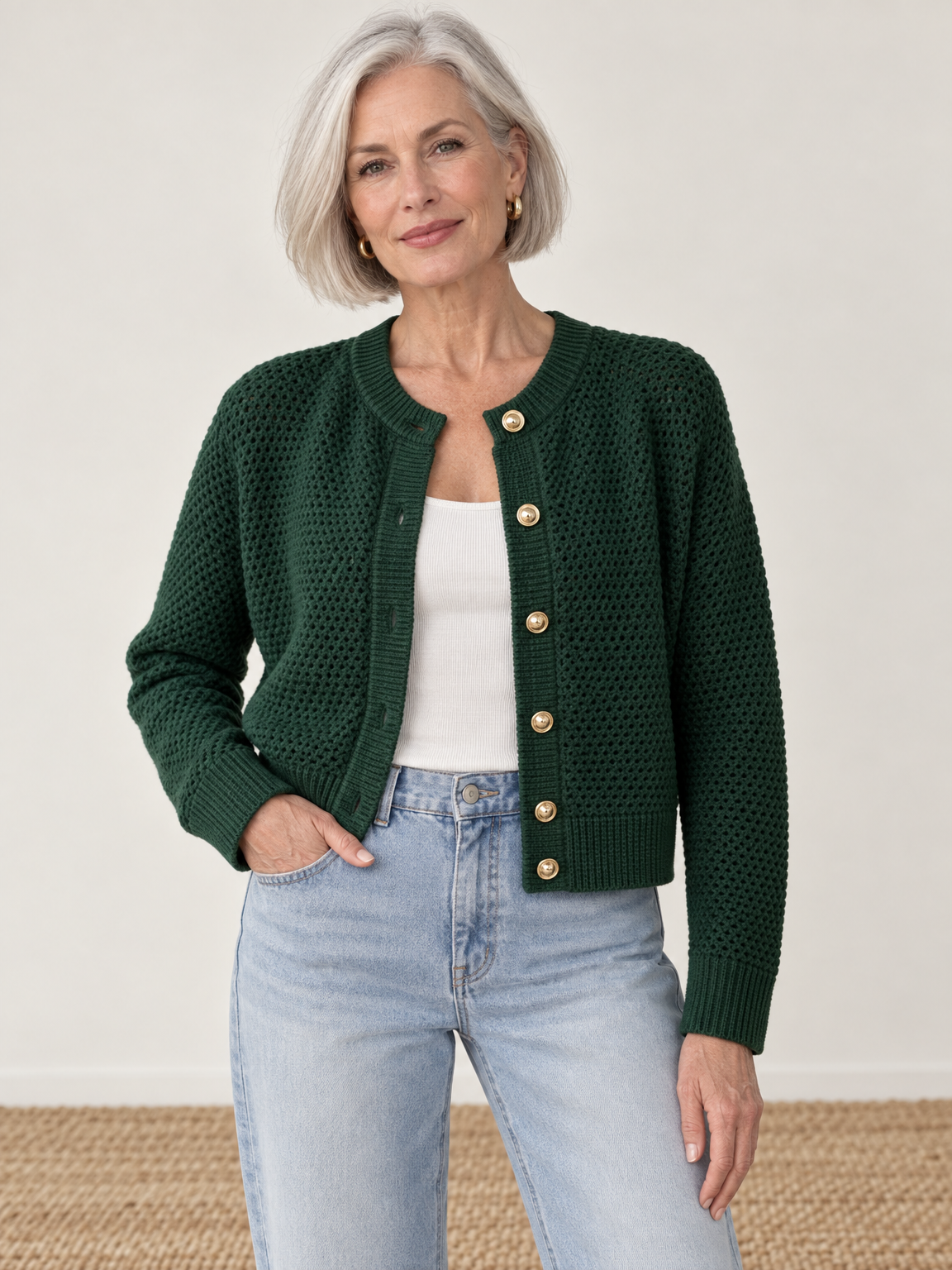 Gold Button Cropped Knit Cardigan