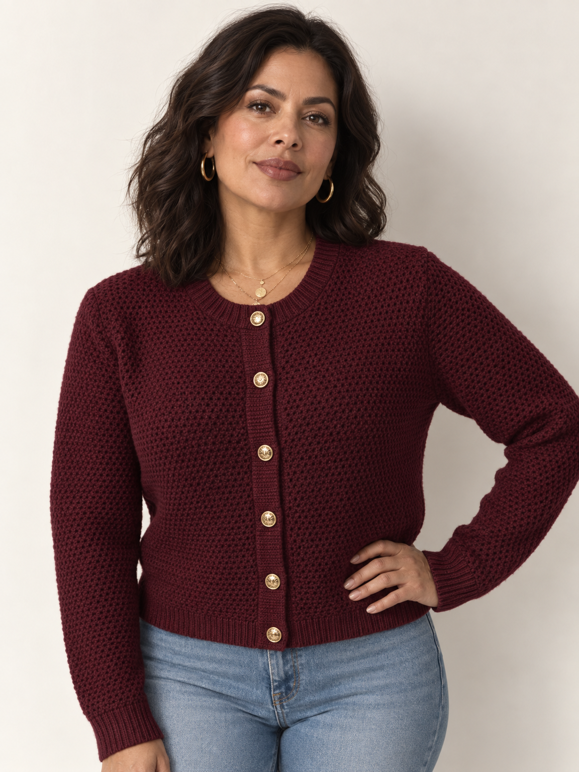 Gold Button Cropped Knit Cardigan