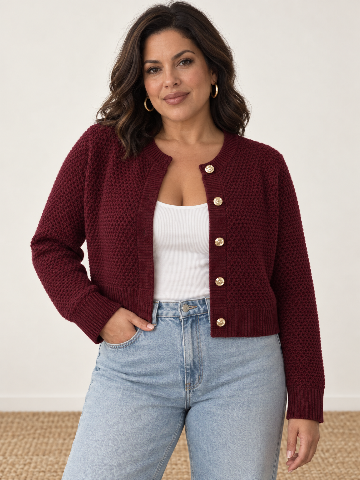 Gold Button Cropped Knit Cardigan