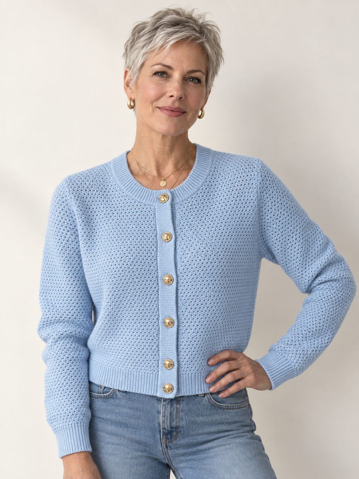 Gold Button Cropped Knit Cardigan