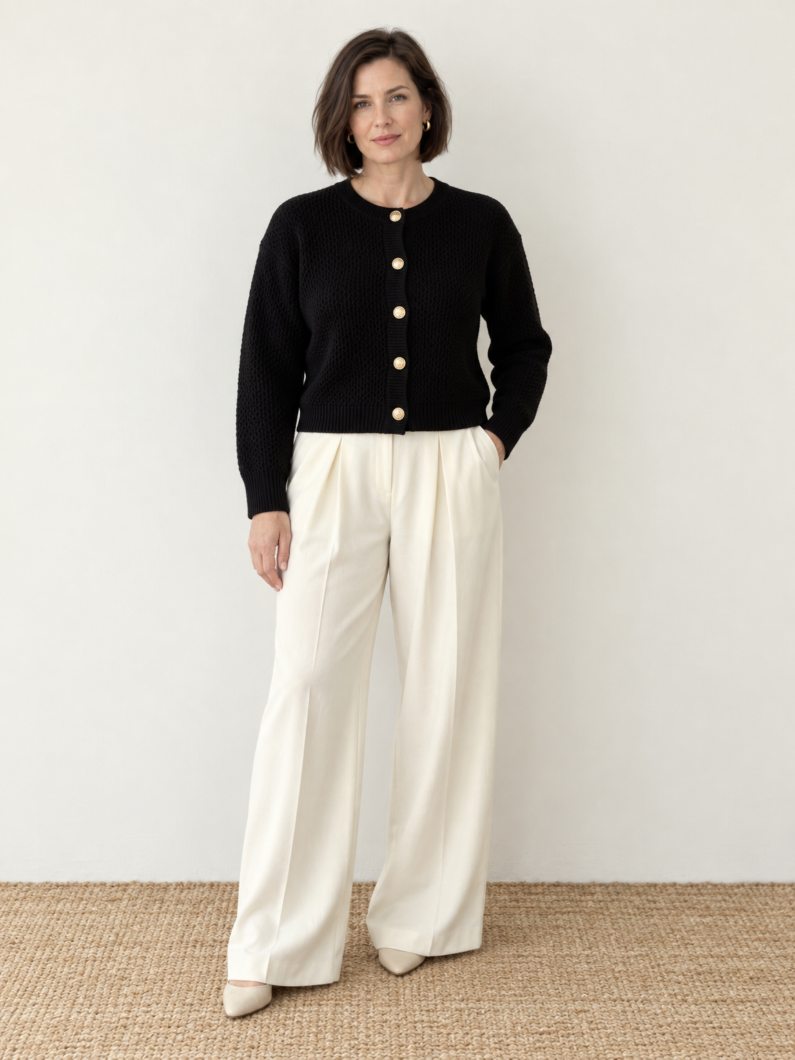 Gold Button Cropped Knit Cardigan