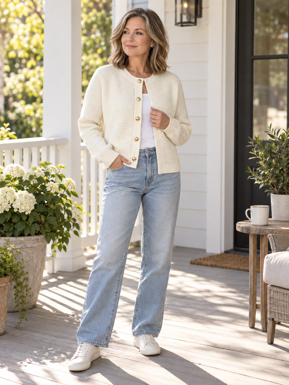 Gold Button Cropped Knit Cardigan