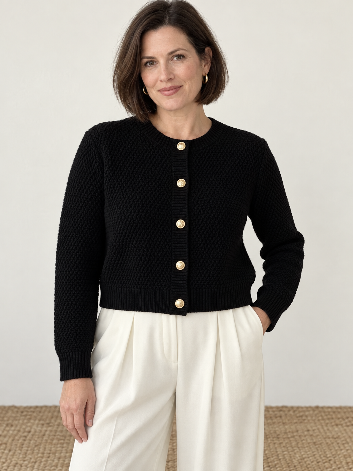 Gold Button Cropped Knit Cardigan
