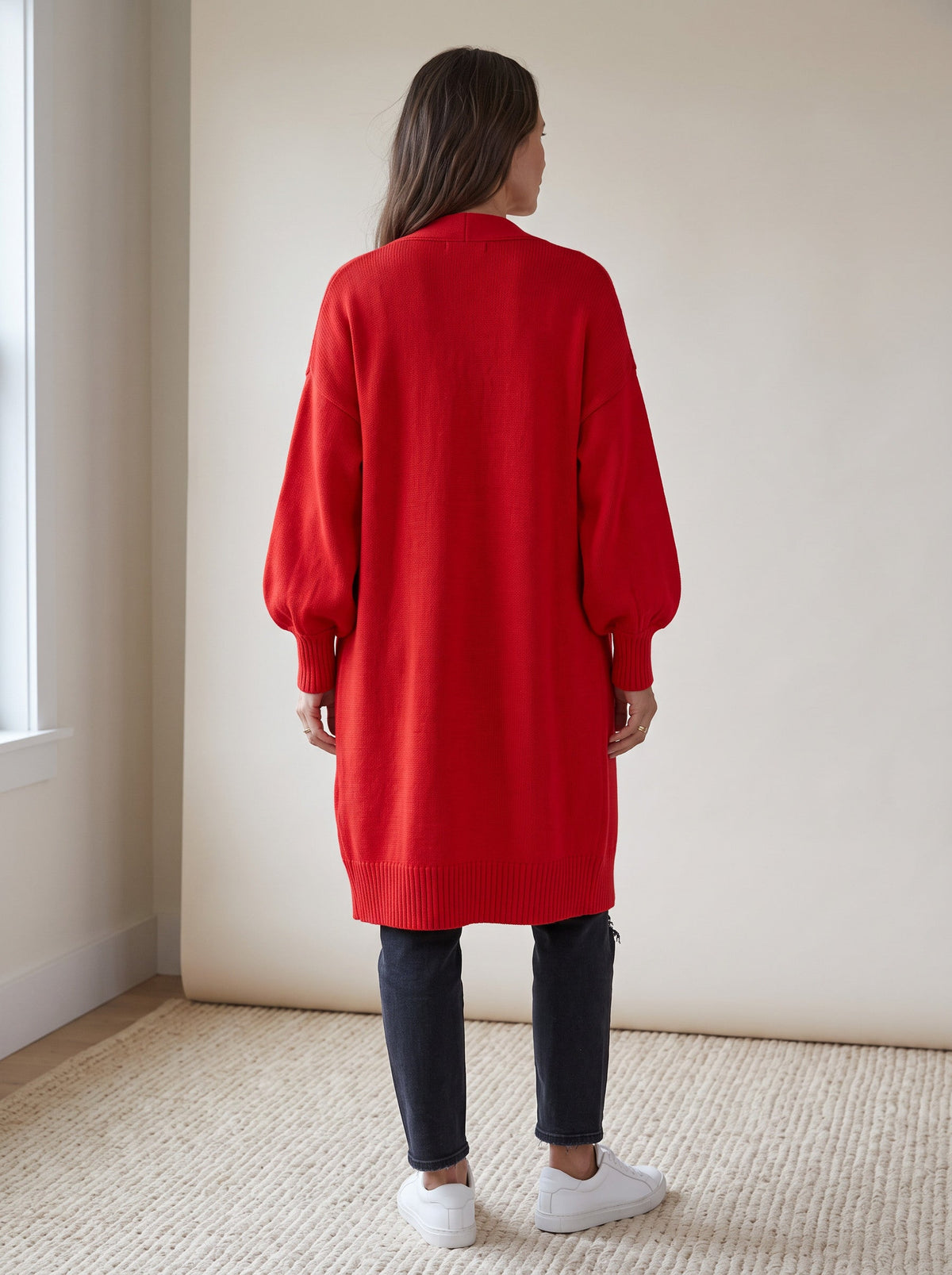 Lantern Sleeve Longline Knit Cardigan