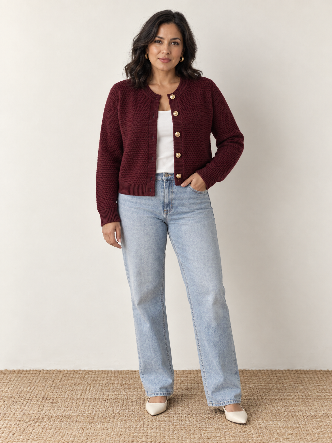 Gold Button Cropped Knit Cardigan
