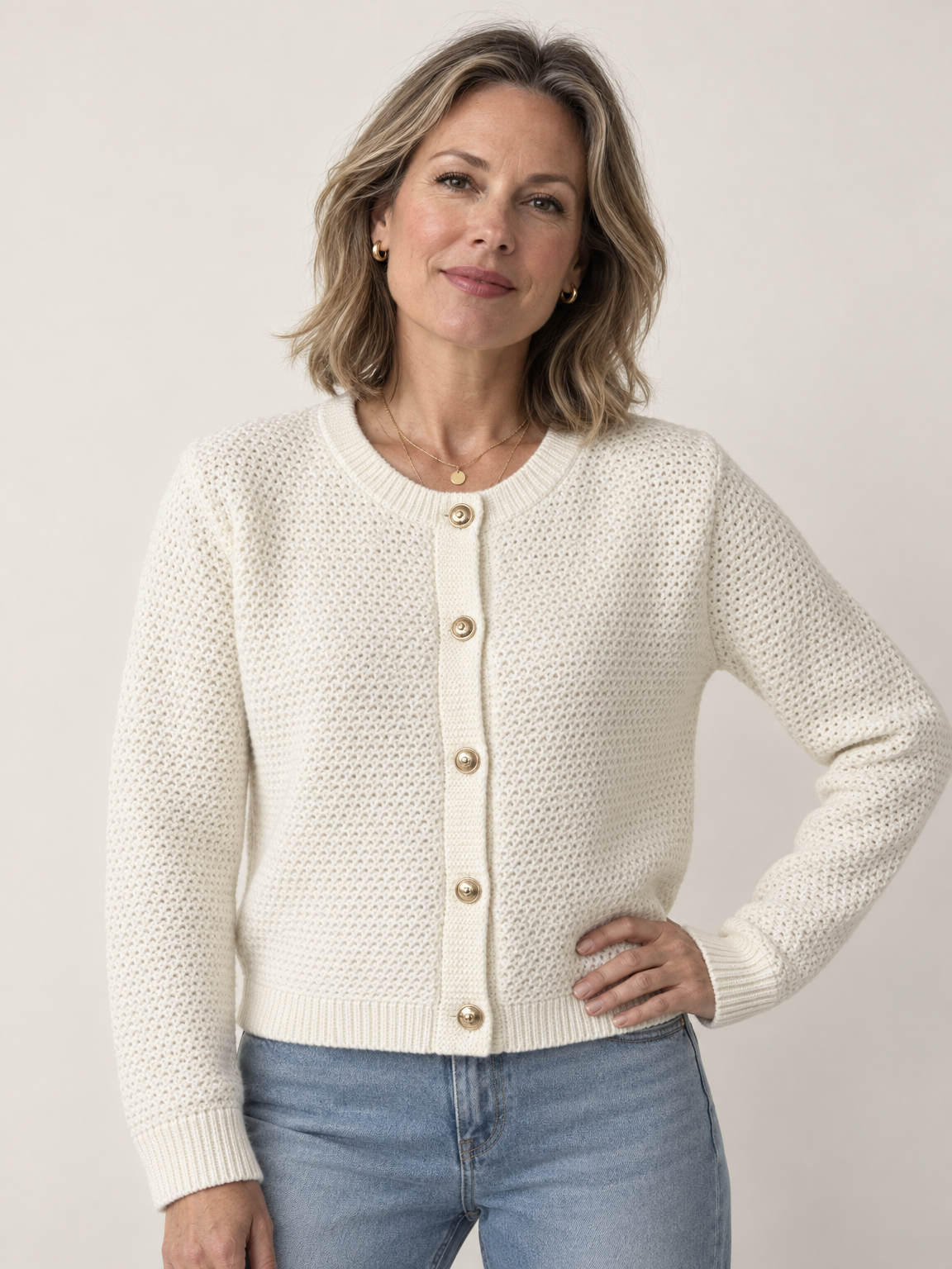Gold Button Cropped Knit Cardigan