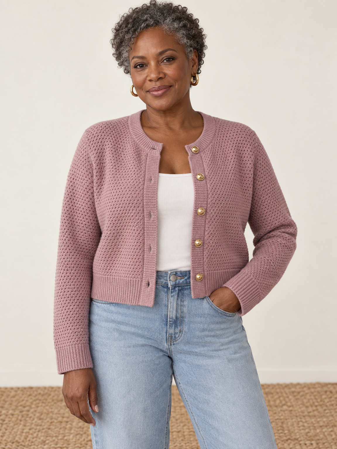 Gold Button Cropped Knit Cardigan