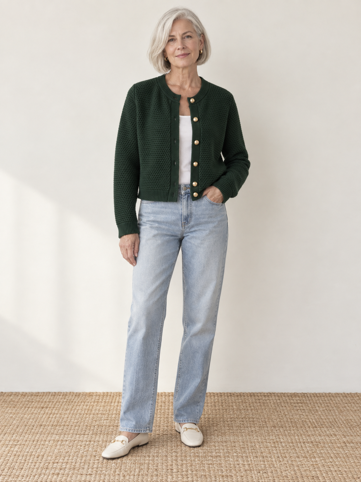 Gold Button Cropped Knit Cardigan