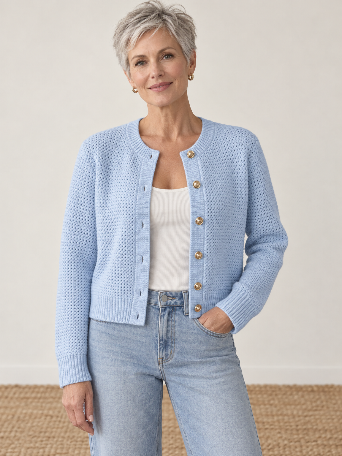 Gold Button Cropped Knit Cardigan
