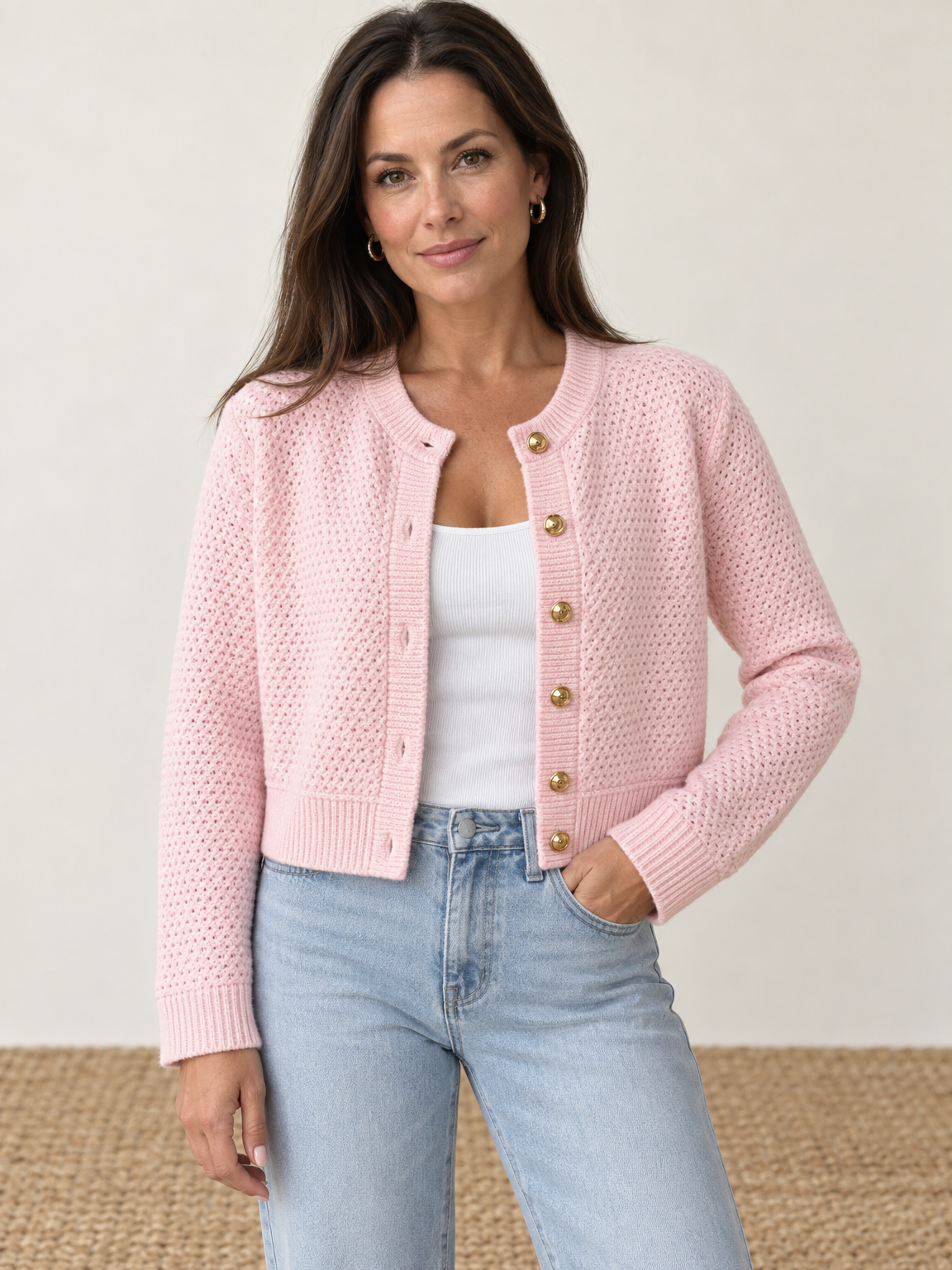 Gold Button Cropped Knit Cardigan