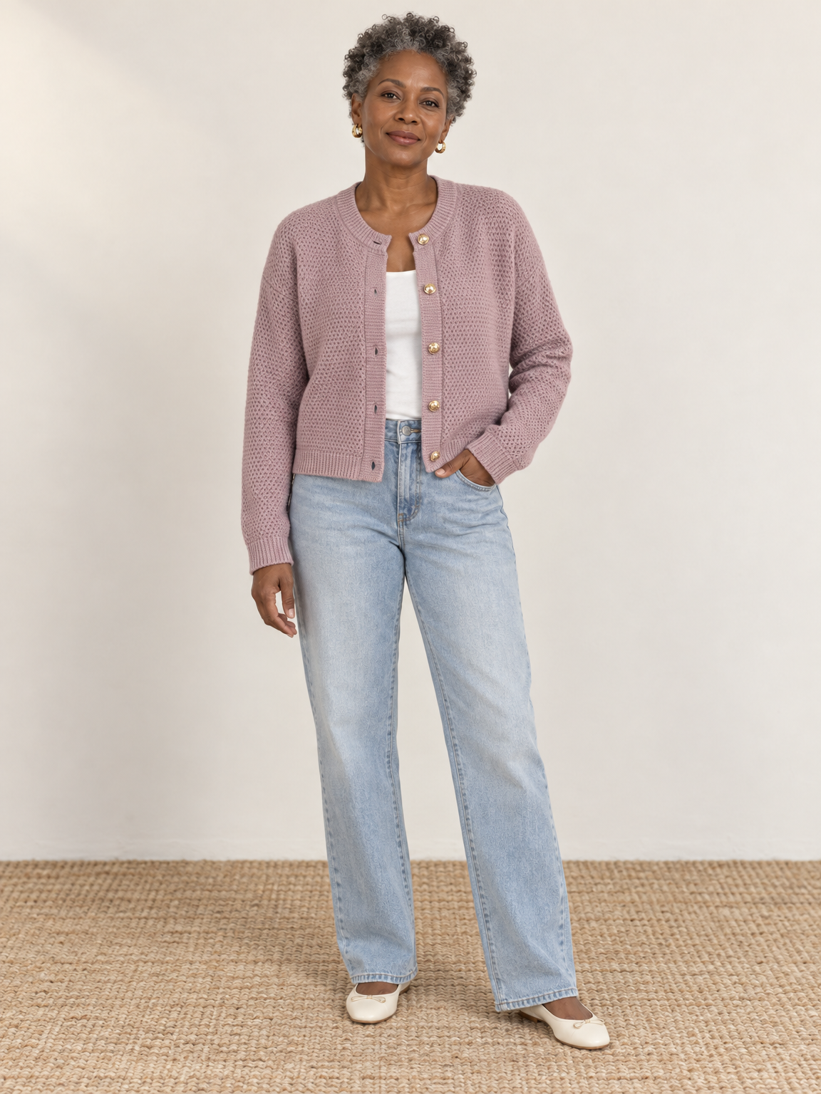 Gold Button Cropped Knit Cardigan