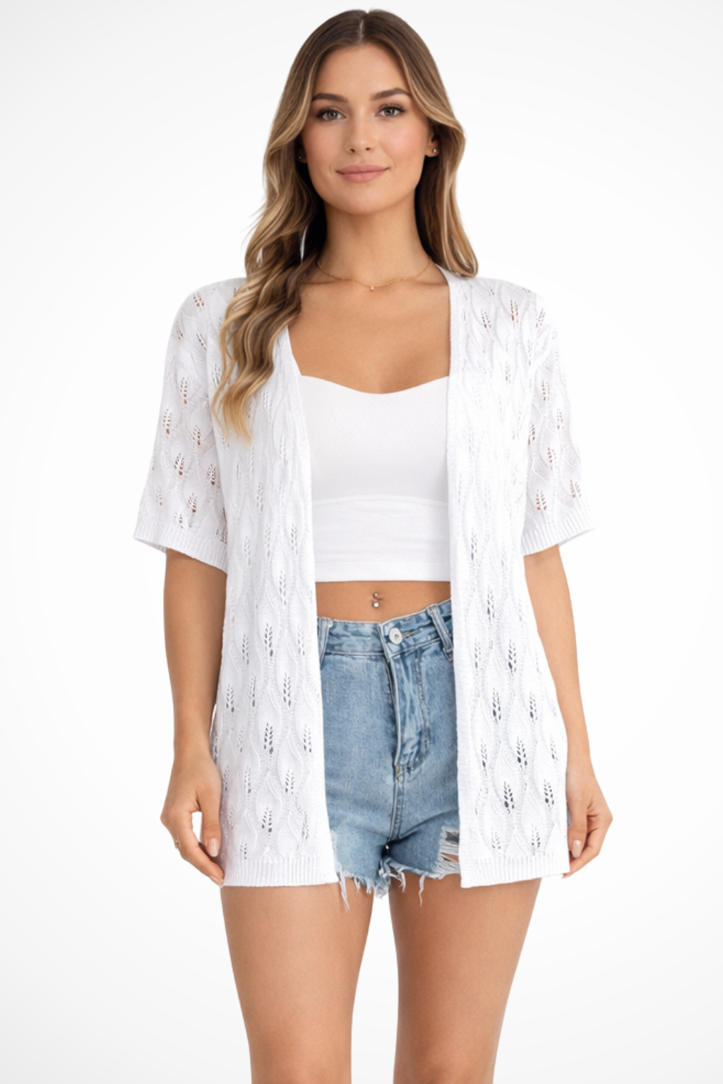 Women's Short Sleeve Crochet Cardigan
